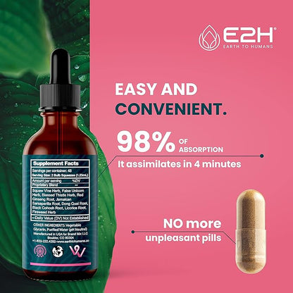 E2H All Natural Women's Wellness, Hormone Balance and PMS Relief with Black Cohosh, Dong Quai and Licorice Root for Hot Flash Relief - 2 Fl Oz