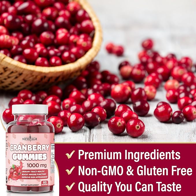 NEW AGE Cranberry Gummies Urinary Tract Health Gummies 1000mg - Supports Bladder, Kidney, UTI - Vegetarian (Cranberry 120 Count)