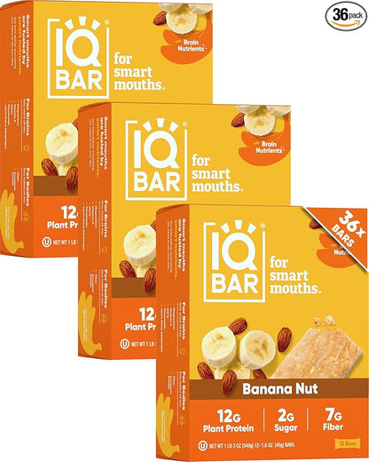 IQBAR Clean Plant Protein Bars - Banana Nut - 36 Count - Keto, Vegan, High Fiber, Gluten and Dairy Free, Low Sugar Snack - Brain and Body Nutrients for Focus, Energy, Meal Replacement