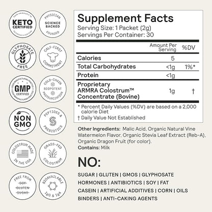 ARMRA Colostrum Powder | Vine Watermelon | Gut Health & Bloating | Skin & Hair | Immunity | Keto, Gluten & Fat-Free | 30 Servings