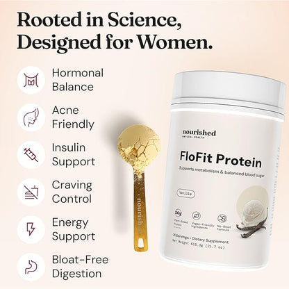 Nourished Natural Health FloFit Pea Protein Powder - Hormone Balance for Women - Vegan Protein Powder Plant Based with Low-Carbs - Supports Acne, Regulates Cycle, Easy to Digest - Caffeine Free.