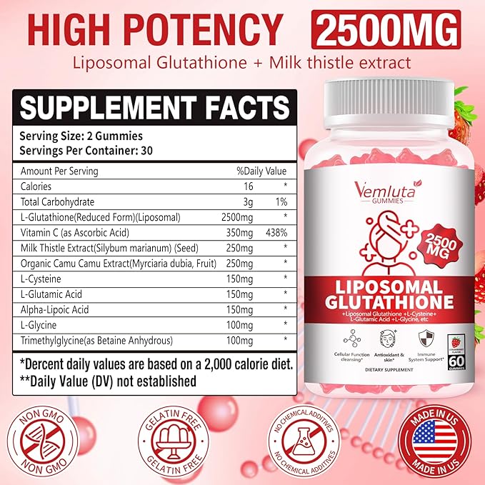 1 Pack 2500MG Liposomal Glutathione Gummies, 2X Absorption Liposomal Glutathione for Women-Complex L-Cysteine, Antioxidant, Skin & Liver Support, Strawberry Flavor, 60 Count
