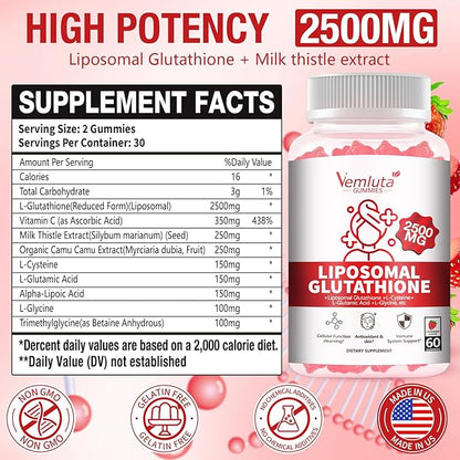1 Pack 2500MG Liposomal Glutathione Gummies, 2X Absorption Liposomal Glutathione for Women-Complex L-Cysteine, Antioxidant, Skin & Liver Support, Strawberry Flavor, 60 Count