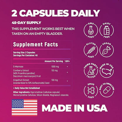 Natural Pick D mannose with Cranberry, 1250mg – Potent dmannose Pills, for Kidney Defense Support and Cleanse andu Urinary Tract Health for Women. Bladder Healt Supplements for Women – 90 Capsules