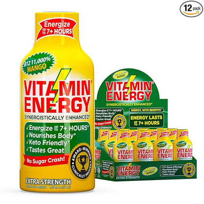 Vitamin Energy B12 11,000% Extra Strength Energy Shot Mango 12 Pack, 260mg Natural Caffeine, B12 & B6, Nootropic Focus, Vitality, Zero Sugar, Gluten-Free, Vegan, Kosher, 1.93 fl oz