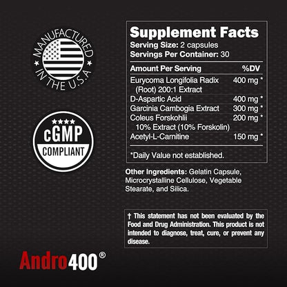 Andro400 Ultra Max T Maximum Strength T-Support Complex – 200:1 Tongkat Ali, ForsLean, & D-Aspartic Acid – Premium Formula for Lean Muscle & Metabolism – 1 Pack, 60 Capsules
