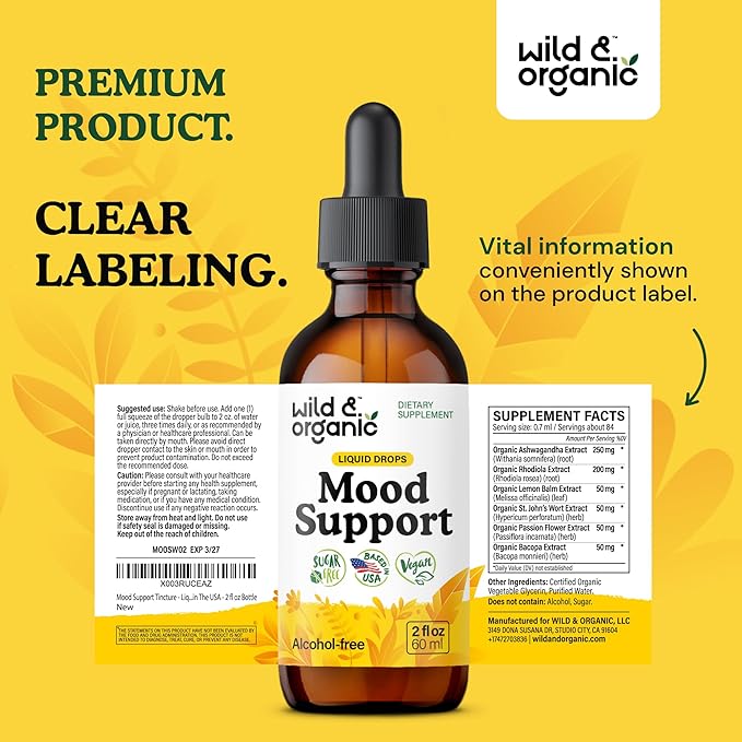 Wild & Organic Mood Support Drops - Good Mood Supplements w/Ashwagandha Root & Rhodiola Rosea - Natural Liquid Drops for Positive Energy - Calm and Relax Supplements for Women and Men - 2 oz