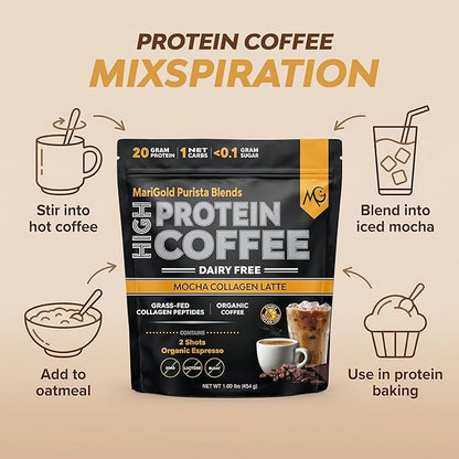 MariGold High Protein Collagen Coffee - Mocha Collagen Latte, Dairy Free, 20g Grass-Fed Type I & III Collagen Peptides, Energy Boost, 2 Shots Organic Espresso, Non-GMO, 1 Lb Bag, 15 Servings