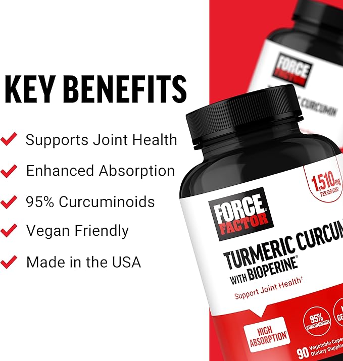 Force Factor Turmeric Curcumin Supplement with Black Pepper, Joint Support Supplement with BioPerine for Enhanced Absorption, No Gelatin, Non-GMO, 90 Capsules