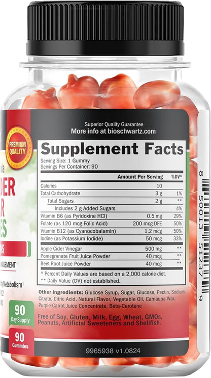 Apple Cider Vinegar Gummies for Weight Loss - ACV Gummies with The Mother for Women & Men - Energy Boost Bloat Digestive & Immune Support - Vitamin B12 B6 B 9 Folic Acid - Vegan Detox Cleanse -90Ct
