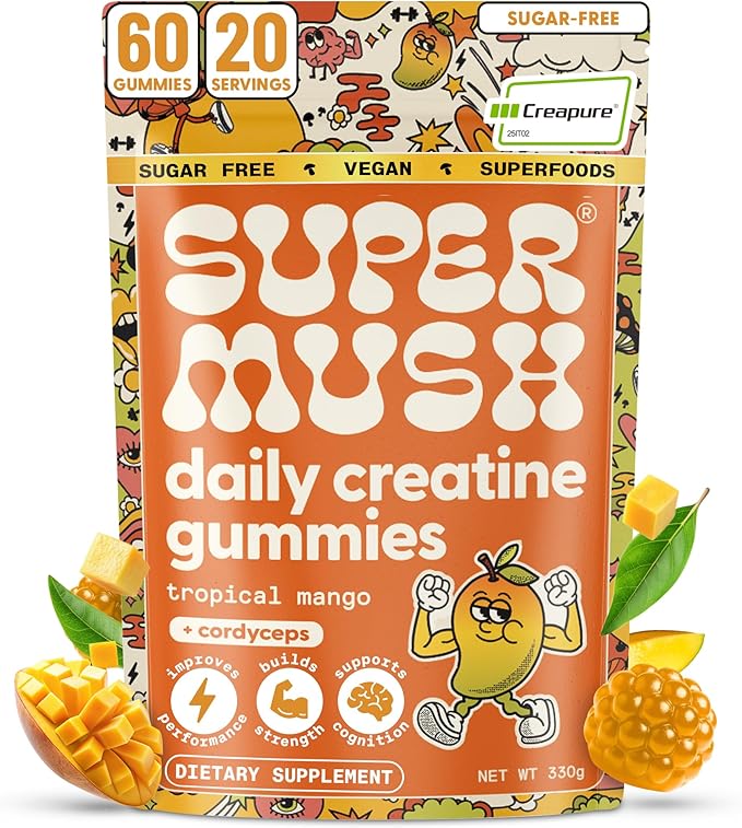 SuperMush Daily Creatine Gummies with Cordyceps - Daily Superfood - Sugar Free Creatine Monohydrate Supplement for Strength, Focus, and Recovery – Vegan Gummy Formula, Mango Flavor, 20-Day Supply