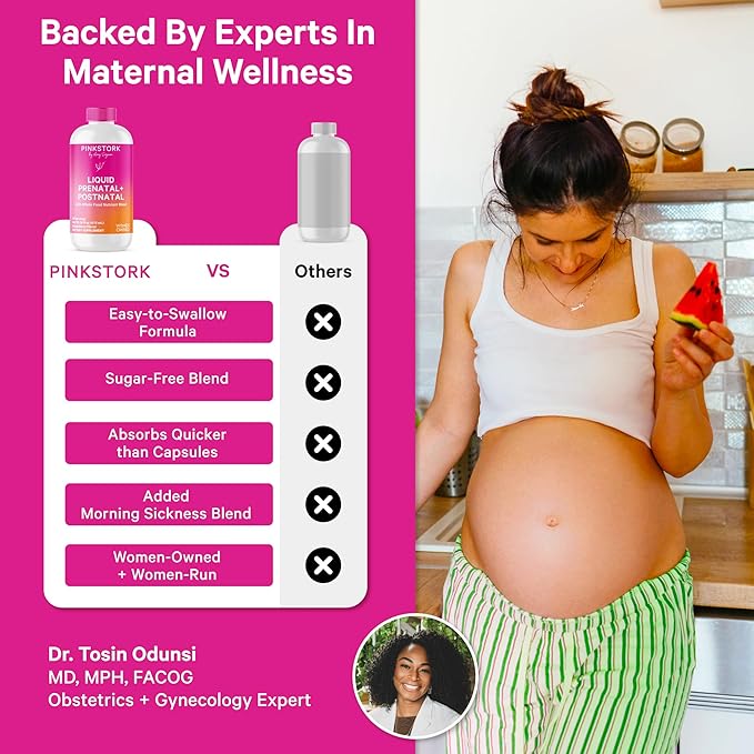 Pink Stork Liquid Prenatal Vitamins for Women - Berry Flavor Organic Food Blend - Fertility, Pregnancy, Postpartum Essentials - Morning Sickness Support - Breastfeeding & Lactation - 32 Servings