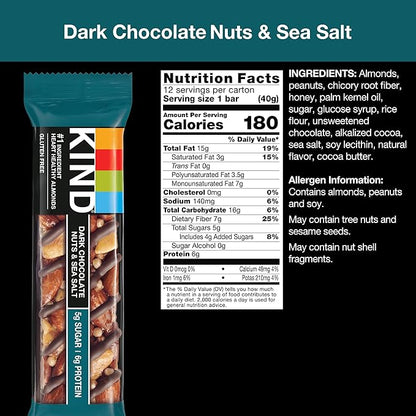KIND Nut Bars, Dark Chocolate Nuts and Sea Salt, Healthy Snacks, Gluten Free, Low Sugar, 6g Protein, (Pack of 24)