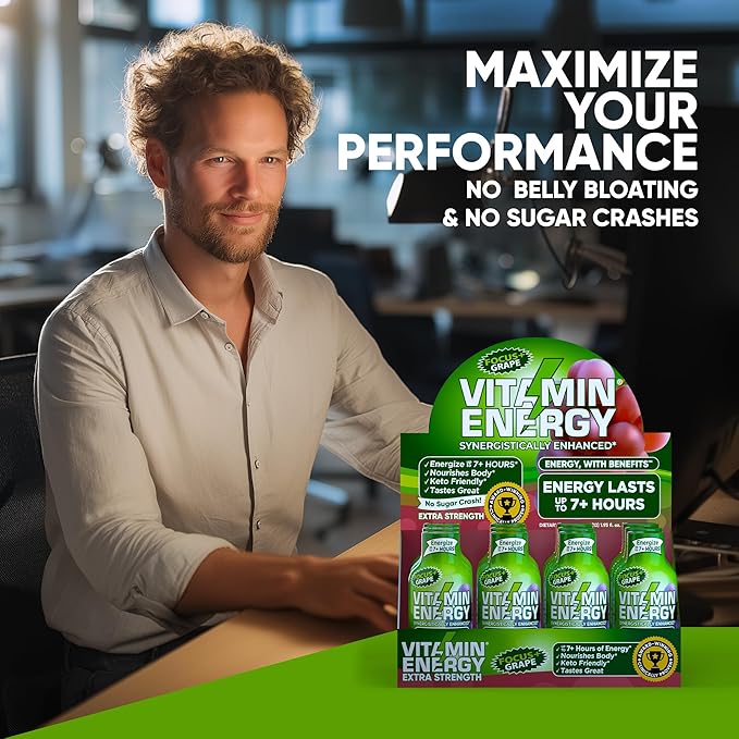 Vitamin Energy Focus+ Extra Strength Energy Shot Grape 12 Pack, 260mg Natural Caffeine, B-Vitamins, CoQ10, Amino Acids, Focus, Productivity & Clarity, Zero Sugar, Gluten-Free, 1.93 fl oz