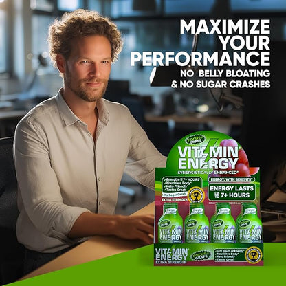 Vitamin Energy Focus+ Extra Strength Energy Shot Grape 12 Pack, 260mg Natural Caffeine, B-Vitamins, CoQ10, Amino Acids, Focus, Productivity & Clarity, Zero Sugar, Gluten-Free, 1.93 fl oz