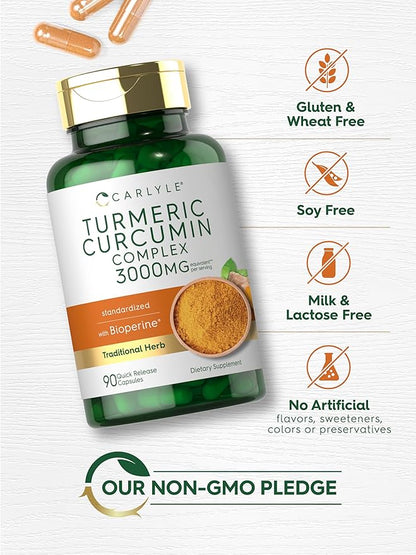 Carlyle Turmeric Curcumin with Black Pepper | 90 Powder Capsules | Complex Supplement with Bioperine | Non-GMO, Gluten Free