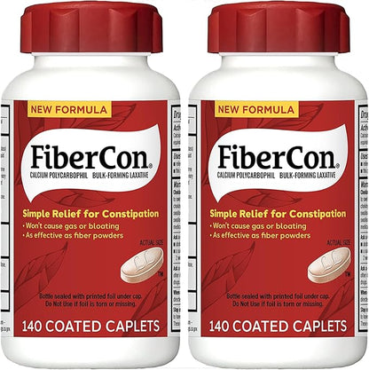 FiberCon Fiber Therapy Coated Caplets, Safe, Simple & Comfortable Insoluble Fiber for Bowel Irregularity, Comfortable Constipation Relief with No Gas or Bloating, 140 Caplets (Pack of 2)