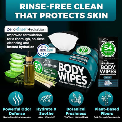 Body Wipes for Men (2pk) - 100 XL No Rinse Shower Sheets + 8 Travel Bath Wipes - 10 x 11.5" After Gym Adult Washcloths - Mens Deodorant & Face Towels For Camping Essentials, Survival Gear and Supplies