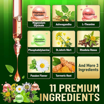 11in1 Cortisol Liquid Supplement with Ashwagandha, Magnesium Glycinate Chelate, L-Theanine, Phosphatidylserine, St.John's WortL-Theanine and More - Immune & Mood Balance - 1 FL Oz - 30 Day