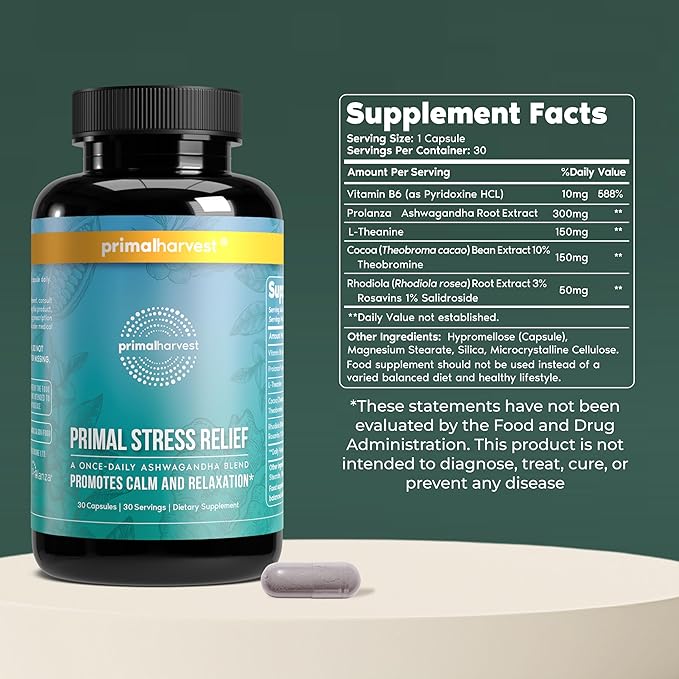 Primal Harvest Stress Relief Supplement for Women and Men Pure Ashwagandha Root Extract, L-Theanine Supplements, 30 Capsules