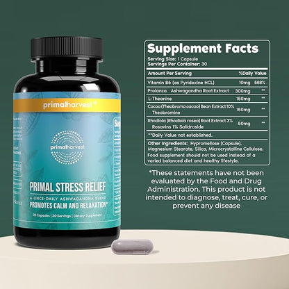 Primal Harvest Stress Relief Supplement for Women and Men Pure Ashwagandha Root Extract, L-Theanine Supplements, 60 Capsules