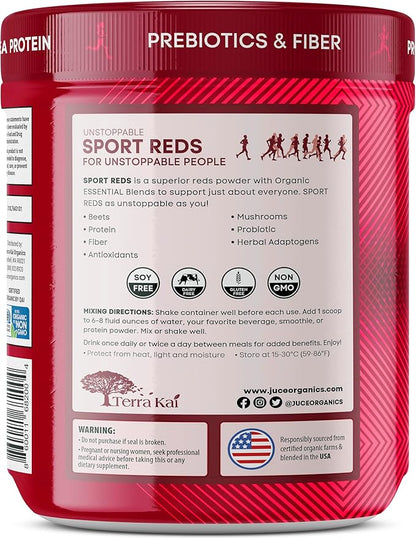 Terra Kai Organics Juce SR7 Sport Reds Organic Fruit & Veggies w/Pea Protein | 43 Superfoods, Antioxidants, Mushrooms, Beets, Herbal Adaptogens, Probiotic, Fiber, Garden Berry Flavor (30 Servings)