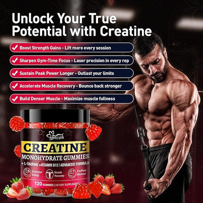 Creatine Gummies for Men & Women, Creatine Monohydrate Gummies, 5g Creatine per Serving, Gluten Free, Vegan Friendly, Strawberry Flavor, 120 Count