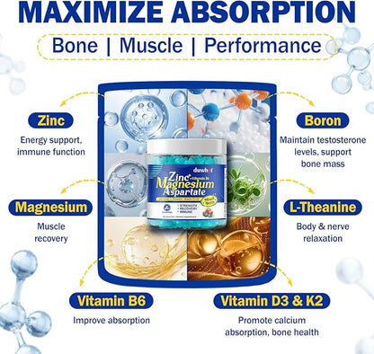 Zinc Magnesium B6 Supplement, Zinc Magnesium Aspartate Gummies with Vitamin B6 D3 K2, L-Theanine & Boron, Support Energy, Muscle Relief & Bone Health, Sugar Free 60 Gummies