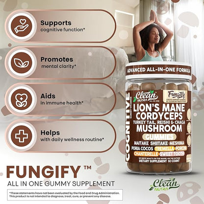 Clean Nutra Lions Mane Mushroom Gummies Cordyceps Supplement for Memory and Focus Immune Support Vitamins Reishi Chaga Turkey Tail Mushrooms Gummy Shiitake Maitake Meshima Supplements