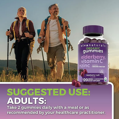 Viva Naturals Sambucus Elderberry Gummies for Adults - 150mg Black Elderberry Vitamin C and Zinc, 3-in-1 Daily Immune Support Gummies, Raspberry Rush Flavor, USDA Organic, Non-GMO, (120 Count)