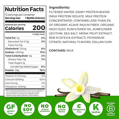 Orgain 38g High Protein Shake, Dairy Isolate Protein Milk, Vanilla, 6g BCAAs, 1g Sugar Per Serving, Meal Replacement, Ready to Drink, Keto Friendly, Gluten-Free 14 Fl Oz (Pack of 12)