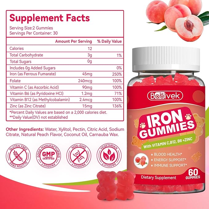 Iron Supplement Gummies for Women & Men - Iron Gummies with Folate Vitamin C B12 B6 Zinc, Peach Flavor, Vegan 60 Gummies