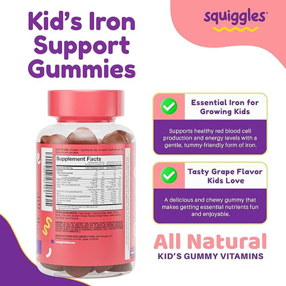 Squiggles Kids Daily Iron+ Gummies - Chewable Supplement with Iron, Multivitamin for Children, Low Sugar, Vegan, Toddler Gummies, Yummy Grape Flavor (100 Count)