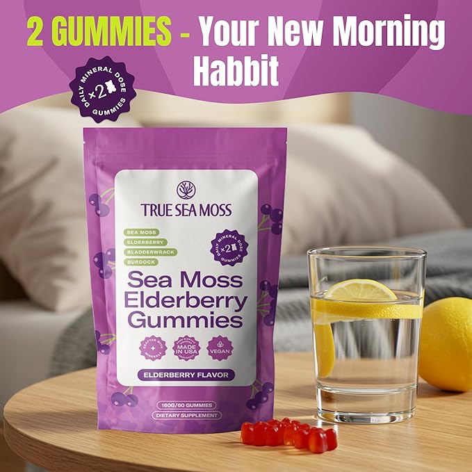 TrueSeaMoss Sea Moss Elderberry Gummies for Adults & Kids – with Burdock Root, Bladderwrack – 60 Gummies (Pouch May Vary)