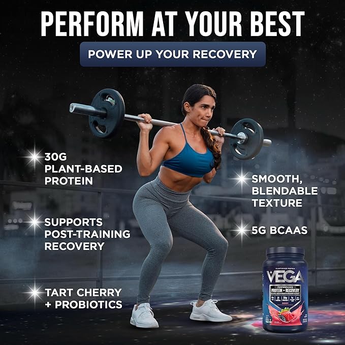 Vega Sport Vegan Protein Powder + Recovery - 30g Plant Based Protein per Serving, Berry, 19 Servings, 5g BCAAs, Probiotics, NSF Certified, for Shakes & Smoothies, 1.8lbs (Packaging May Vary)