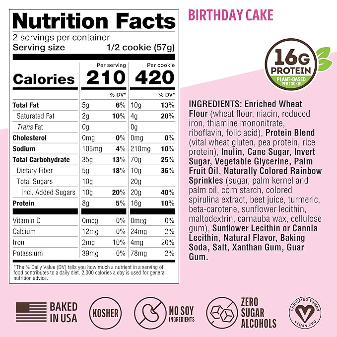Lenny & Larry's Complete Protein Cookie, [Birthday Cake], Chewy Soft Baked, 16g Plant Protein, Vegan, Non-GMO, High Fiber, [4 Ounce] Cookie (Pack of 12)