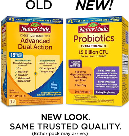 Nature Made Probiotics for Digestive Health Extra Strength 15 Billion CFU from Live Cultures,Probiotics for Women and Men,30 Probiotic Capsules,30 Day Supply,(Pack of 2)