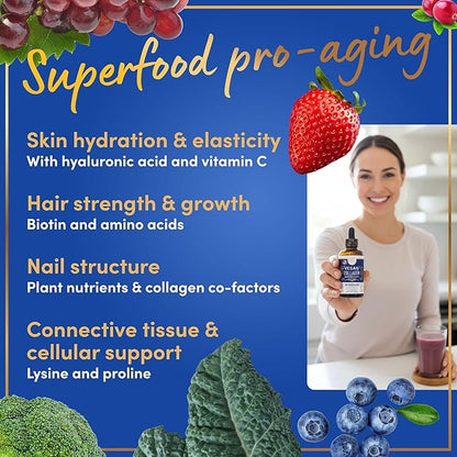 Vegan Collagen Builder Liquid - Vitamin C, Biotin, Hyaluronic Acid & Amino Acids Sugar Free Vegeterian Collagen Booster - Organic Fruit & Vegetable Blend - Hair & Nail Growth, Skin Health - 2oz, 30Day