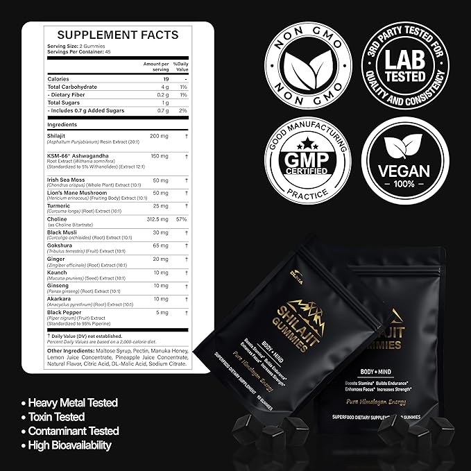 DLNIA 13-in-1 Shilajit Gummies with KSM-66® Ashwagandha | 4000 mg Himalayan Shilajit Extract (20:1), Choline & Botanicals | Sugar-Free, Vegan | Energy, Focus & Daily Vitality Support for Men & Women