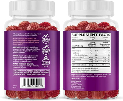 Elderberry Gummies for Kids with Zinc and Vitamin C - Immune Support Supplement for Children - 120 Count, Vegan, Berry Flavor - Convenient Daily Defense with Antioxidants and Essential Nutrients