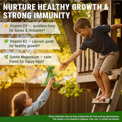 New Elements Kids Vitamin D3 K2 Gummies with Magnesium Glycinate | Strong Bones & Immune Health | Vitamin D3 1000 IU for Kids | Vitamin K2 for Kids 20mcg | Non-GMO, Gluten-Free