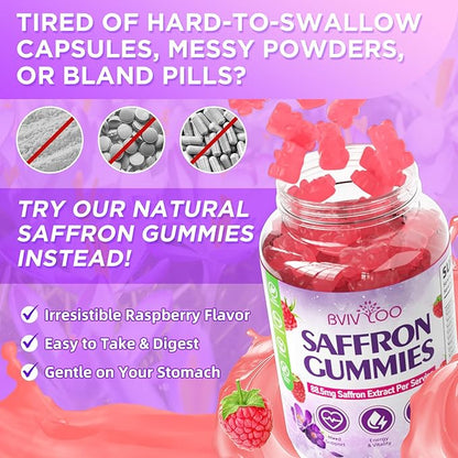 Saffron Gummies for Adult Kids, 10-IN-1 Formula with Saffron 88.5mg, Vitamins D3 & B6, Magnesium, Zinc, Ashwagandha, L-Theanine, St. John's Wort - Supports Mood & Focus, Raspberry Flavor, 120 Count