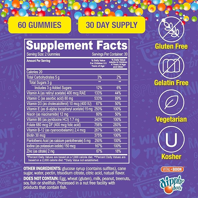 Dippin' Dots - Multivitamin Gummies for Kids Rainbow Fruit Flavor Complete Multivitamin Chewy Gummies Vitamin A, B, C, D3, E, B6, Zinc - 60 Count