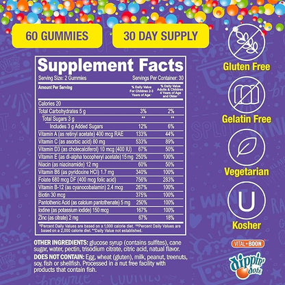Dippin' Dots - Multivitamin Gummies for Kids Rainbow Fruit Flavor Complete Multivitamin Chewy Gummies Vitamin A, B, C, D3, E, B6, Zinc - 60 Count