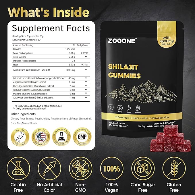zooone Shilajit Himalayan Gummies with Ashwagandha & Black Musli Gokshura - Natural Energy No Artificial Fillers, Individual Packaging