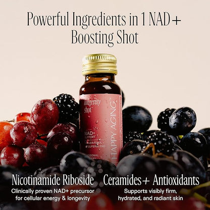 Happy Aging Liquid NAD+ Resveratrol Supplement, NMN Alternative, Liposomal Nicotinamide Riboside & Antioxidants for Energy Support, Brain Health, Firm Skin, Twice Weekly Use, 60 Shots