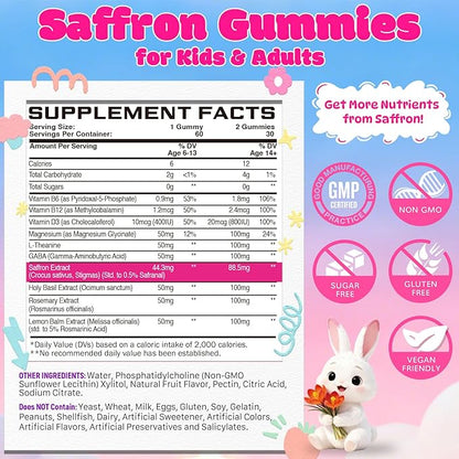 Liposomal Saffron Gummies for Kids and Adults, Pure Saffron Extract Supplements with Holy Basil, Rosemary, Magnesium Glycinate, L-Theanine, Stress Relief & Focus Support, Sugar Free, 60 Ct