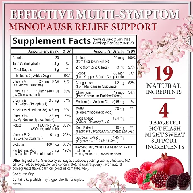 Menopause Supplements for Women Gummies - Complete Natural Mild Hot Flashes & Night Sweats Support, 16 in 1 Multi-Benefit Female Menopause Relief Gummy, Support for Balance & Energy - 60 Gummies