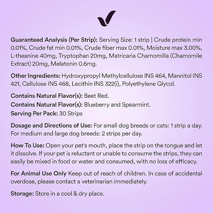 Calming Oral Strips for Dogs & Cats | Fast Acting Pet Anxiety Relief with L-Theanine, Chamomile, Tryptophan & Melatonin Behavioral Support for Travel, Fireworks, Thunderstorms 30 Oral Strips