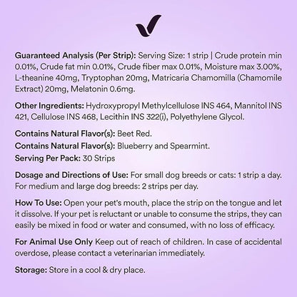 Calming Oral Strips for Dogs & Cats | Fast Acting Pet Anxiety Relief with L-Theanine, Chamomile, Tryptophan & Melatonin Behavioral Support for Travel, Fireworks, Thunderstorms 30 Oral Strips